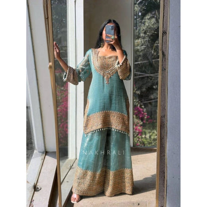 Women's Silk Embroidered 3/4th Sleeve Round Kurti With Sharara Pant and Dupatta Set (Sea Green) - POPNOVA