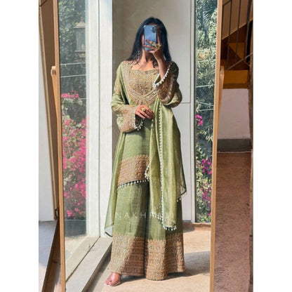 Women's Silk Embroidered 3/4th Sleeve Round Kurti With Sharara Pant and Dupatta Set (Green) - POPNOVA