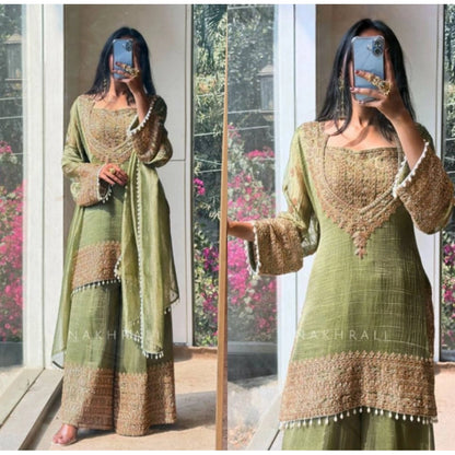 Women's Silk Embroidered 3/4th Sleeve Round Kurti With Sharara Pant and Dupatta Set (Green) - POPNOVA
