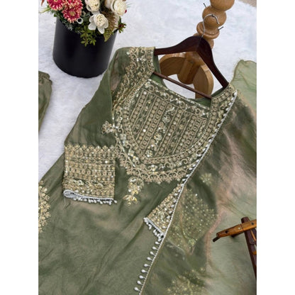 Women's Silk Embroidered 3/4th Sleeve Round Kurti With Sharara Pant and Dupatta Set (Green) - POPNOVA