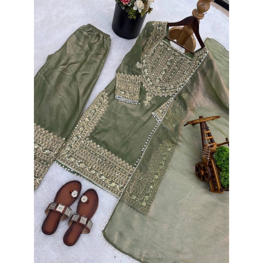Generic Women's Silk Embroidered 3/4th Sleeve Round Kurti With Sharara Pant and Dupatta Set (Green)