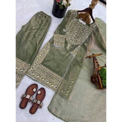 Women's Silk Embroidered 3/4th Sleeve Round Kurti With Sharara Pant and Dupatta Set (Green) - POPNOVA
