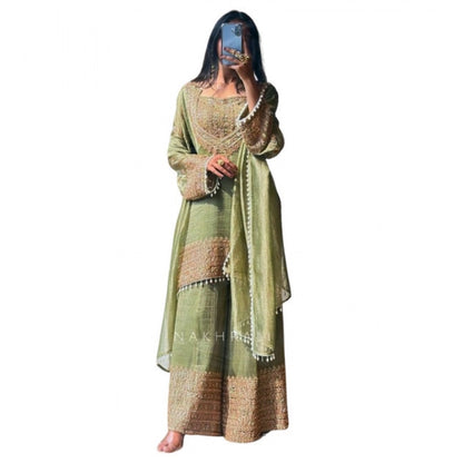 Women's Silk Embroidered 3/4th Sleeve Round Kurti With Sharara Pant and Dupatta Set (Green) - POPNOVA