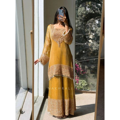 Women's Silk Embroidered 3/4th Sleeve Round Kurti With Sharara Pant and Dupatta Set (Yellow) - POPNOVA