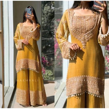 Women's Silk Embroidered 3/4th Sleeve Round Kurti With Sharara Pant and Dupatta Set (Yellow) - POPNOVA