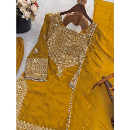 Women's Silk Embroidered 3/4th Sleeve Round Kurti With Sharara Pant and Dupatta Set (Yellow) - POPNOVA