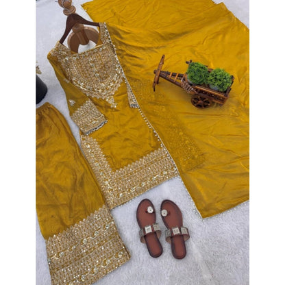 Women's Silk Embroidered 3/4th Sleeve Round Kurti With Sharara Pant and Dupatta Set (Yellow) - POPNOVA