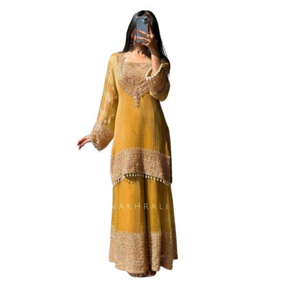 Women's Silk Embroidered 3/4th Sleeve Round Kurti With Sharara Pant and Dupatta Set (Yellow) - POPNOVA