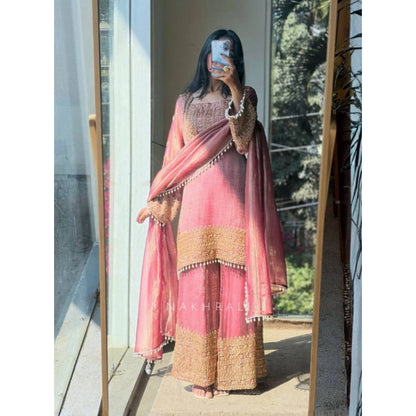 Women's Silk Embroidered 3/4th Sleeve Round Kurti With Sharara Pant and Dupatta Set (Pink) - POPNOVA