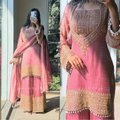 Women's Silk Embroidered 3/4th Sleeve Round Kurti With Sharara Pant and Dupatta Set (Pink) - POPNOVA