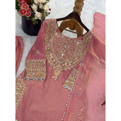 Women's Silk Embroidered 3/4th Sleeve Round Kurti With Sharara Pant and Dupatta Set (Pink) - POPNOVA