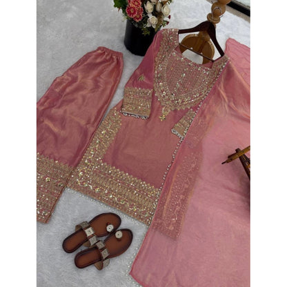 Women's Silk Embroidered 3/4th Sleeve Round Kurti With Sharara Pant and Dupatta Set (Pink) - POPNOVA