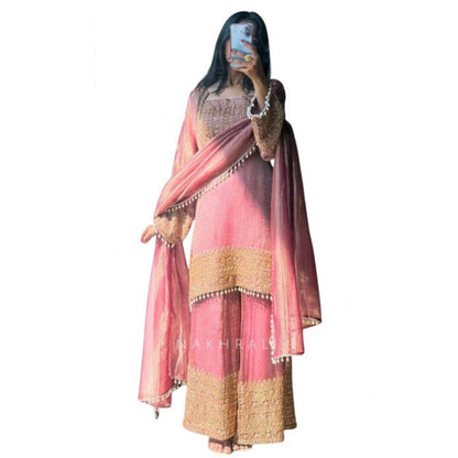 Women's Silk Embroidered 3/4th Sleeve Round Kurti With Sharara Pant and Dupatta Set (Pink) - POPNOVA