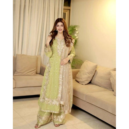 Women's Silk Embroidered 3/4th Sleeve Round Readymade Kurti With Palazzo Pant and Dupatta Set (Pista) - POPNOVA