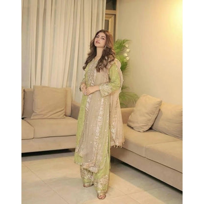 Women's Silk Embroidered 3/4th Sleeve Round Readymade Kurti With Palazzo Pant and Dupatta Set (Pista) - POPNOVA