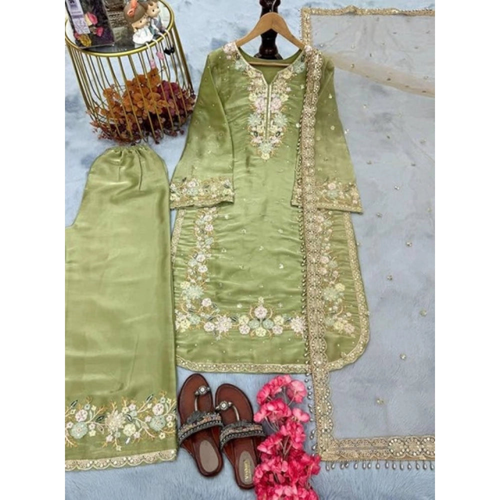 Women's Silk Embroidered 3/4th Sleeve Round Readymade Kurti With Palazzo Pant and Dupatta Set (Pista) - POPNOVA