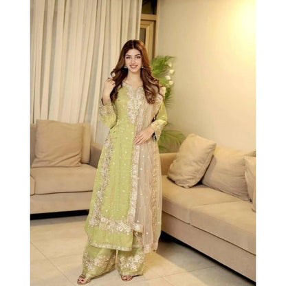 Women's Silk Embroidered 3/4th Sleeve Round Readymade Kurti With Palazzo Pant and Dupatta Set (Pista) - POPNOVA