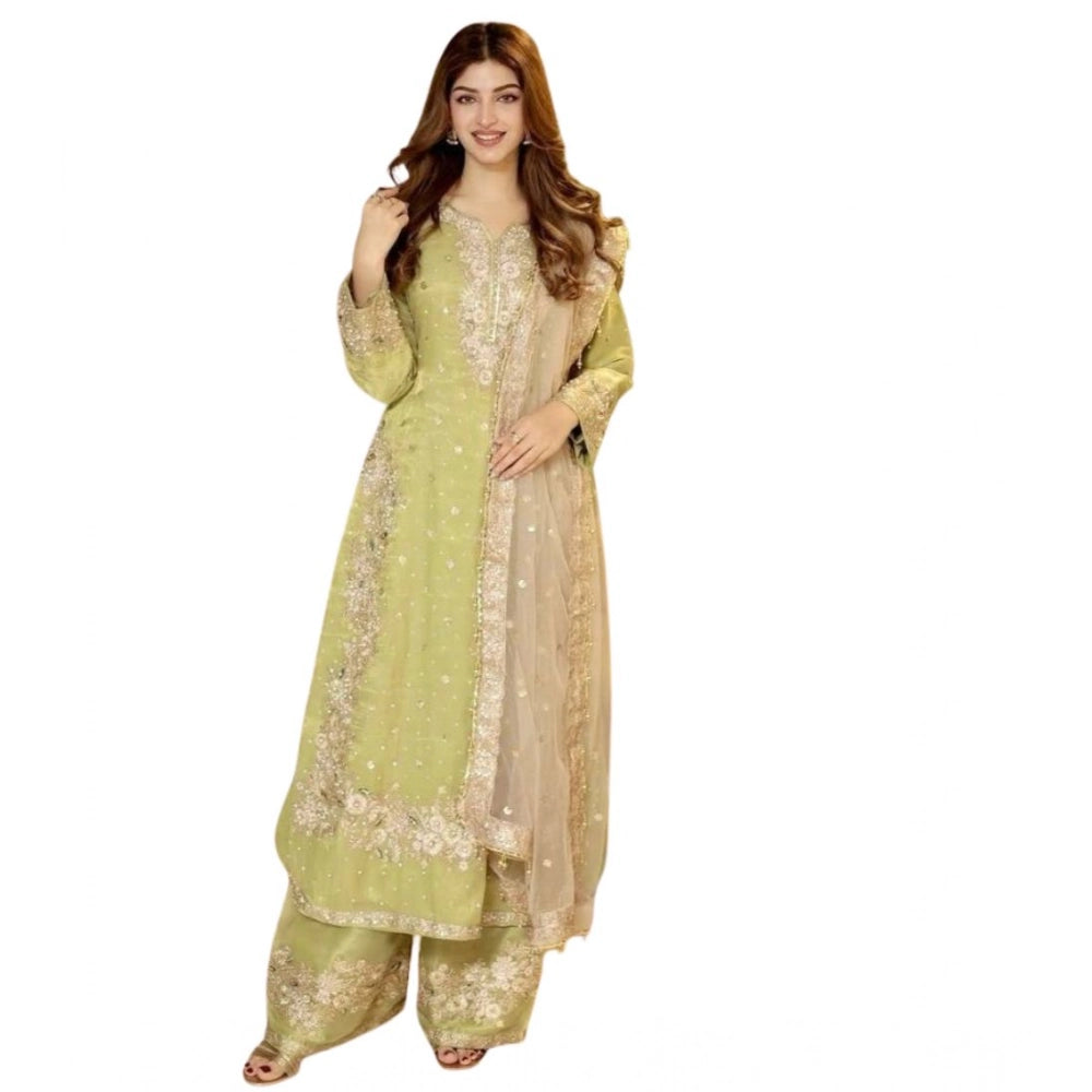 Women's Silk Embroidered 3/4th Sleeve Round Readymade Kurti With Palazzo Pant and Dupatta Set (Pista) - POPNOVA