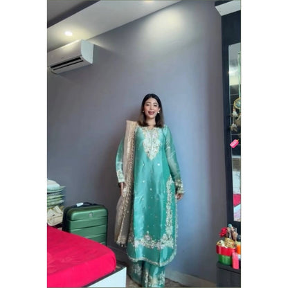 Women's Silk Embroidered 3/4th Sleeve Round Readymade Kurti With Palazzo Pant and Dupatta Set (Sea Green) - POPNOVA