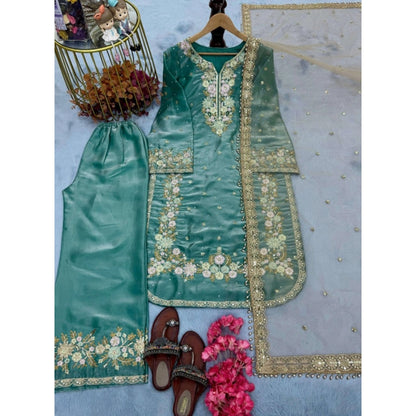 Women's Silk Embroidered 3/4th Sleeve Round Readymade Kurti With Palazzo Pant and Dupatta Set (Sea Green) - POPNOVA