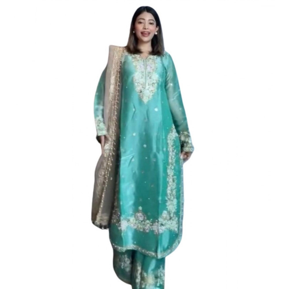 Women's Silk Embroidered 3/4th Sleeve Round Readymade Kurti With Palazzo Pant and Dupatta Set (Sea Green) - POPNOVA