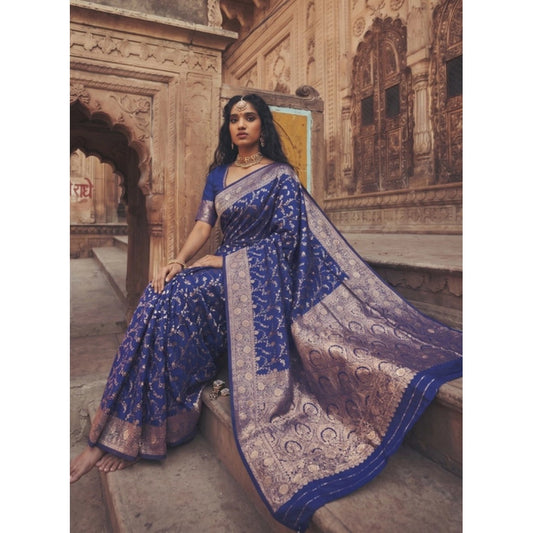 Women's Art Silk Printed Saree With Unstitched Blouse 5.5m (Navy Blue)
