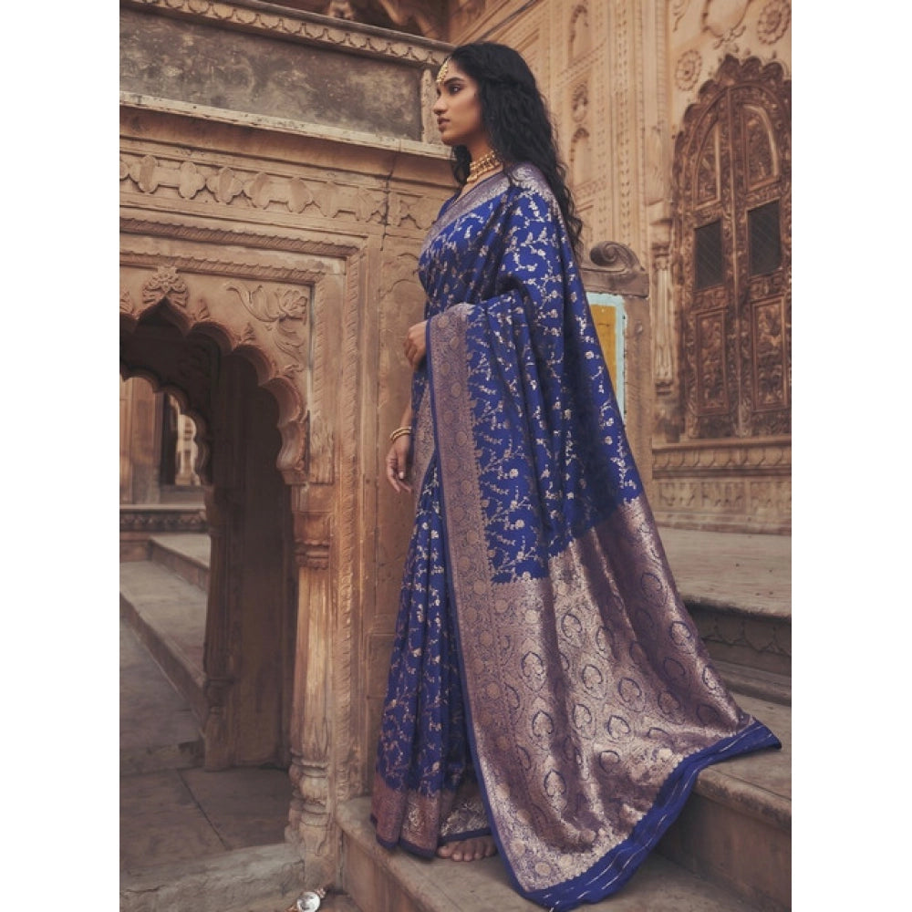 Women's Art Silk Printed Saree With Unstitched Blouse 5.5 Mtr (Navy Blue)