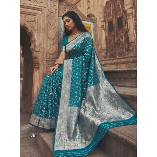 Women's Art Silk Printed Saree With Unstitched Blouse 5.5m (Teal)