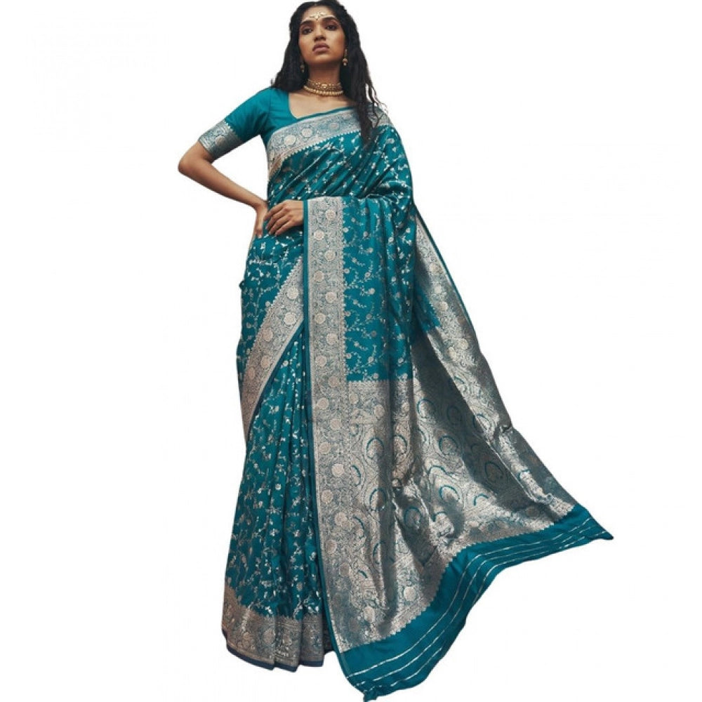 Women's Art Silk Printed Saree With Unstitched Blouse 5.5 Mtr (Teal)