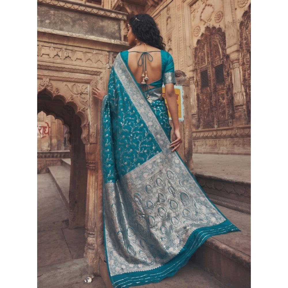 Women's Art Silk Printed Saree With Unstitched Blouse 5.5 Mtr (Teal)