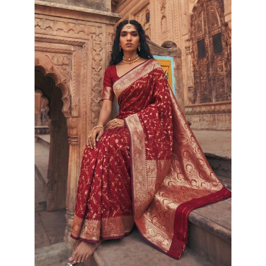 Women's Art Silk Printed Saree With Unstitched Blouse 5.5m (Red)