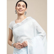 Women's Linen Cotton Striped Saree With Unstitched Blouse 5.5 Mtr (Sky Blue)