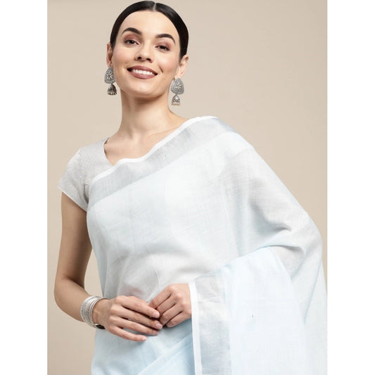 Women's Linen Cotton Striped Saree With Unstitched Blouse 5.5m (Sky Blue)