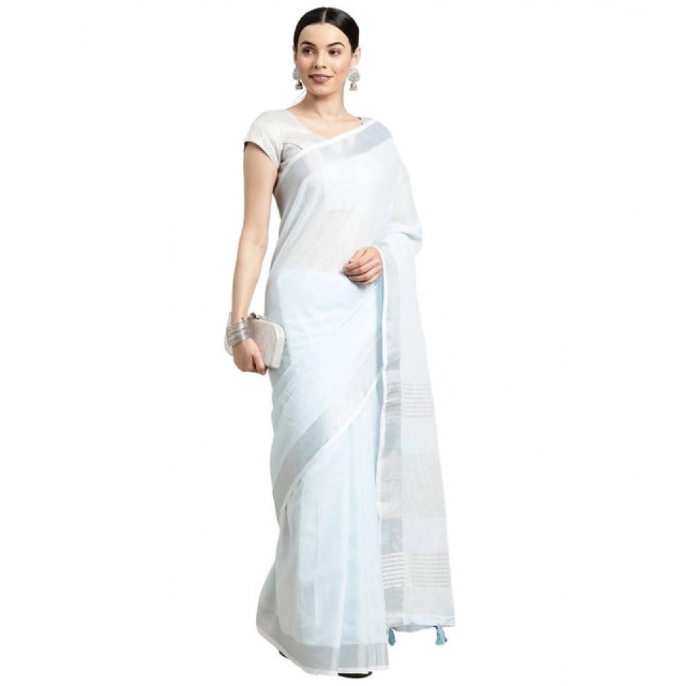 Women's Linen Cotton Striped Saree With Unstitched Blouse 5.5 Mtr (Sky Blue)