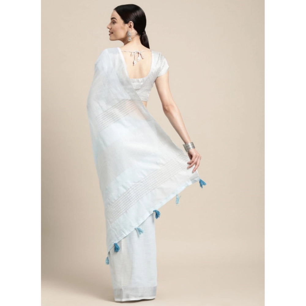 Women's Linen Cotton Striped Saree With Unstitched Blouse 5.5 Mtr (Sky Blue)