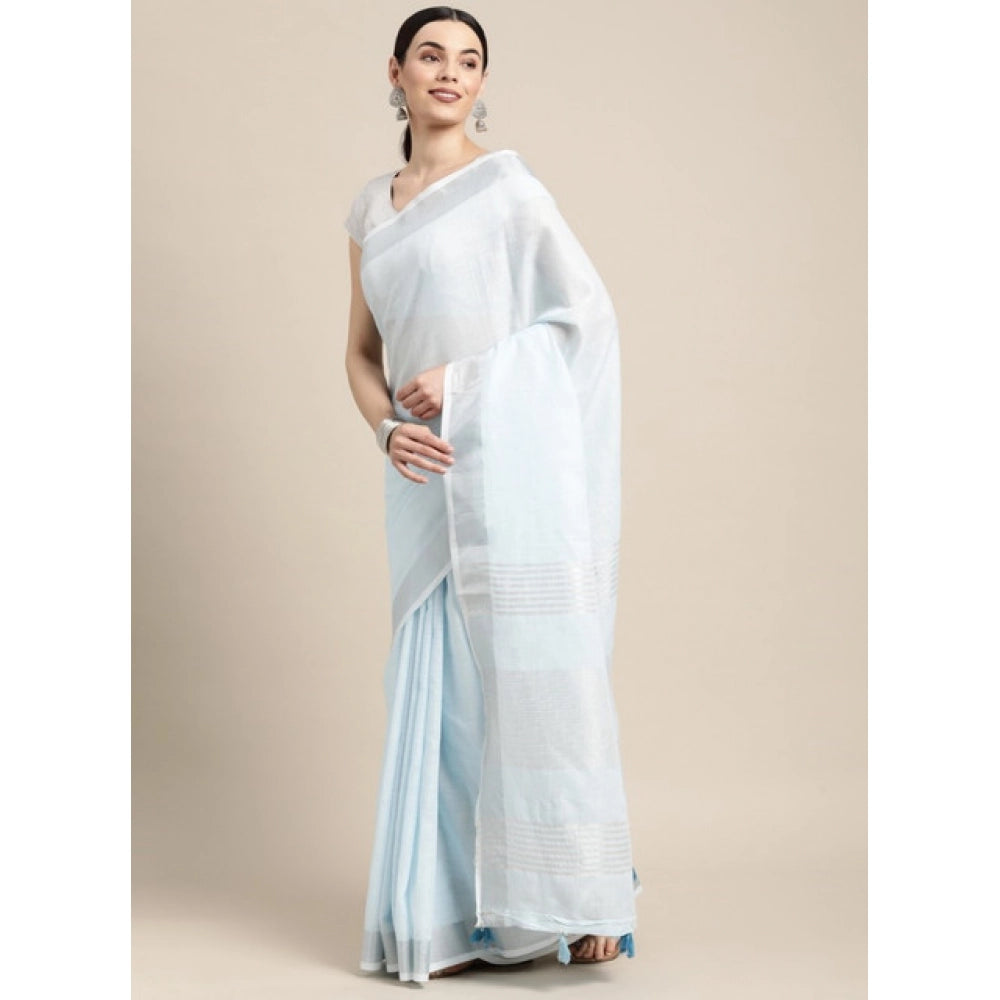 Women's Linen Cotton Striped Saree With Unstitched Blouse 5.5 Mtr (Sky Blue)