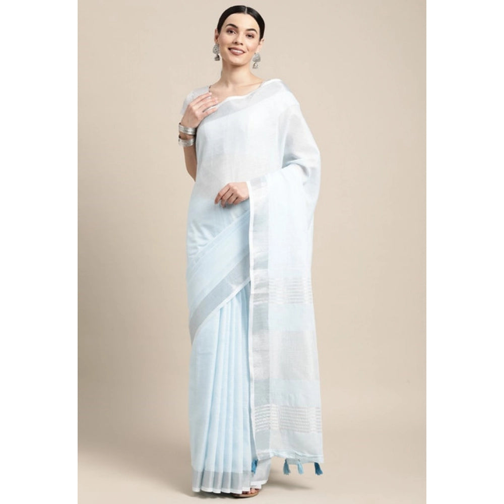 Women's Linen Cotton Striped Saree With Unstitched Blouse 5.5 Mtr (Sky Blue)