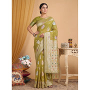 Women's Linen Cotton Printed Saree With Unstitched Blouse 5.5 Mtr (Mustard)