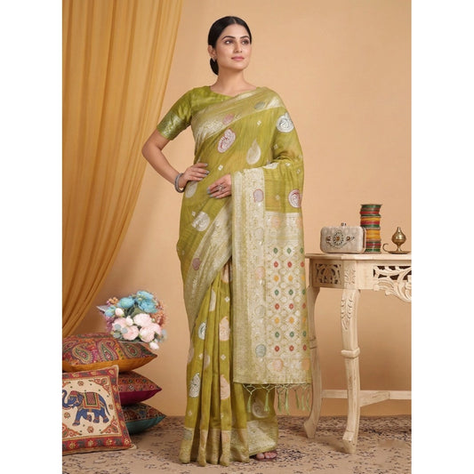 Women's Linen Cotton Printed Saree With Unstitched Blouse 5.5m (Mustard)