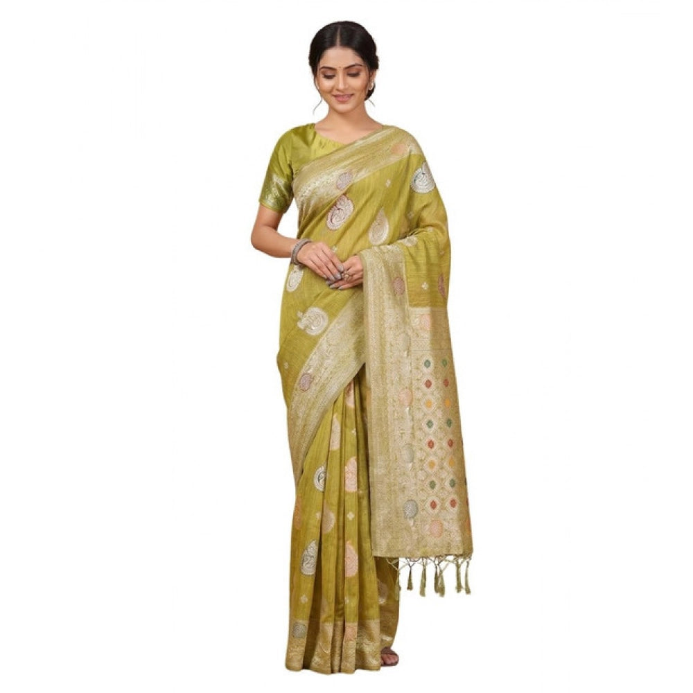 Women's Linen Cotton Printed Saree With Unstitched Blouse 5.5 Mtr (Mustard)