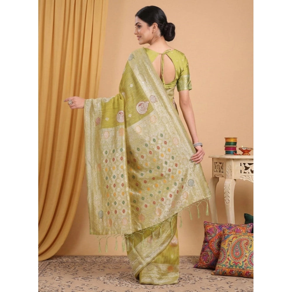 Women's Linen Cotton Printed Saree With Unstitched Blouse 5.5 Mtr (Mustard)