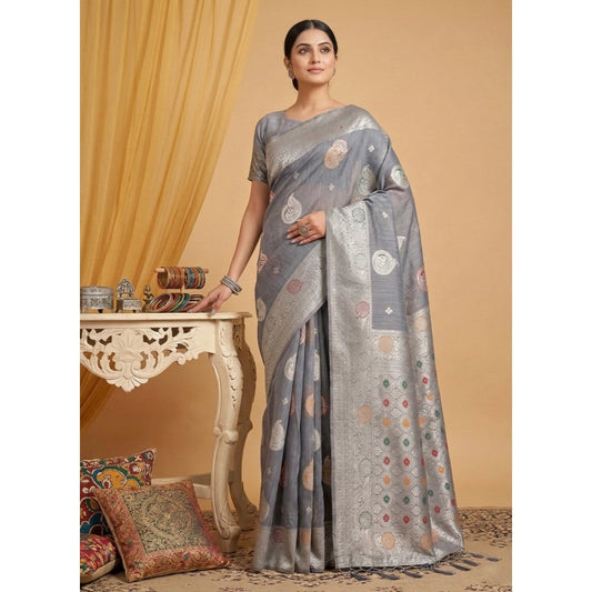 Women's Linen Cotton Printed Saree With Unstitched Blouse 5.5m (Grey)