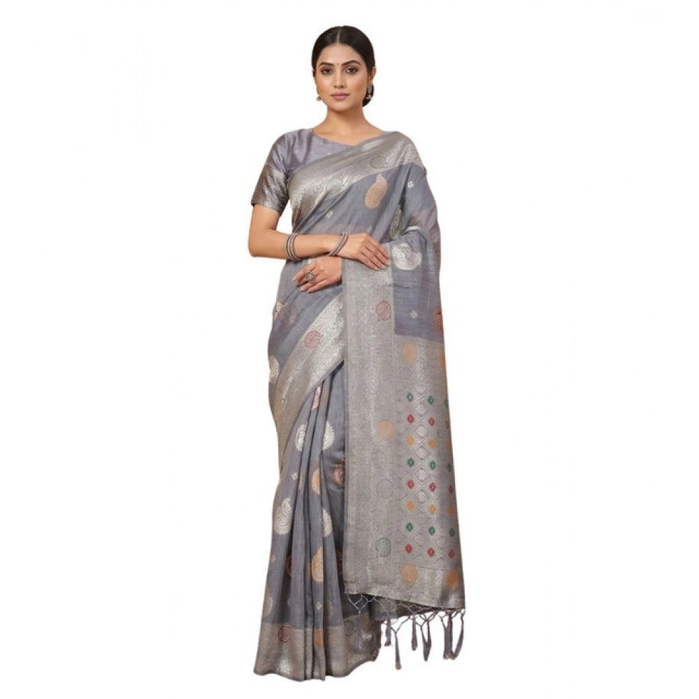 Women's Linen Cotton Printed Saree With Unstitched Blouse 5.5 Mtr (Grey)