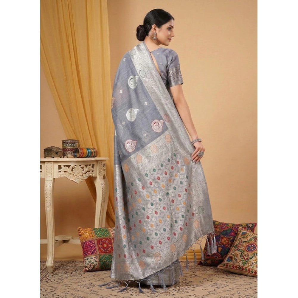 Women's Linen Cotton Printed Saree With Unstitched Blouse 5.5 Mtr (Grey)