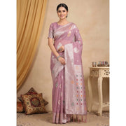 Women's Linen Cotton Printed Saree With Unstitched Blouse 5.5 Mtr (Purple)