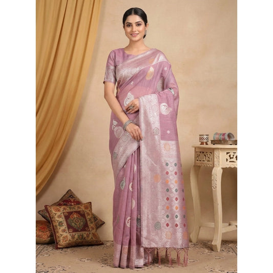 Women's Linen Cotton Printed Saree With Unstitched Blouse 5.5m (Purple)