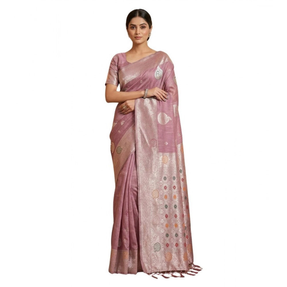 Women's Linen Cotton Printed Saree With Unstitched Blouse 5.5 Mtr (Purple)