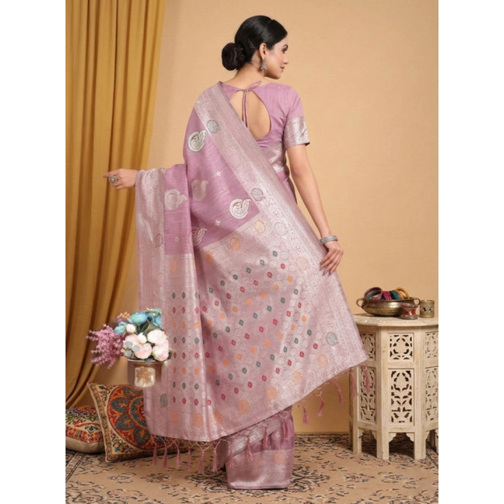 Women's Linen Cotton Printed Saree With Unstitched Blouse 5.5 Mtr (Purple)