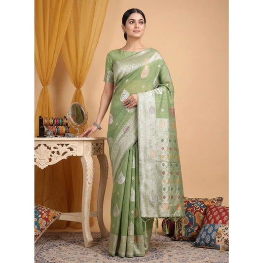 Women's Linen Cotton Printed Saree With Unstitched Blouse 5.5m (Light Green)