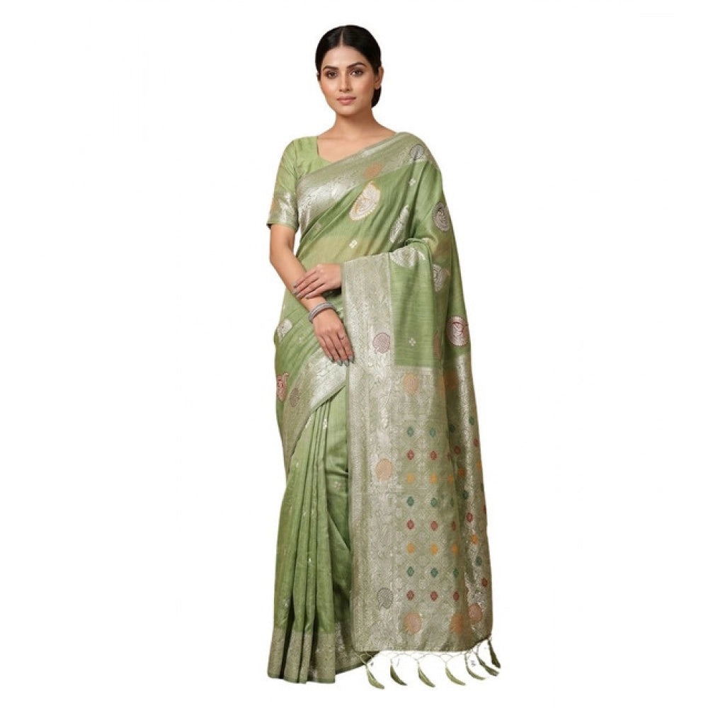 Women's Linen Cotton Printed Saree With Unstitched Blouse 5.5 Mtr (Light Green)